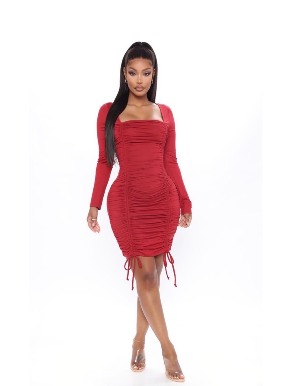 NWT Fashion Nova Square Neck Ruched Date Night Fit Long Sleeve Red Dress Size 1X - Picture 2 of 8